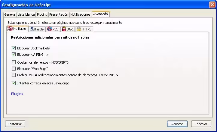 Configurar NoScript pestaña Avanzado