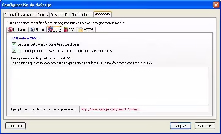 Configurar NoScript pestaña Avanzado