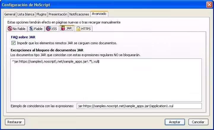 Configurar NoScript pestaña Avanzado