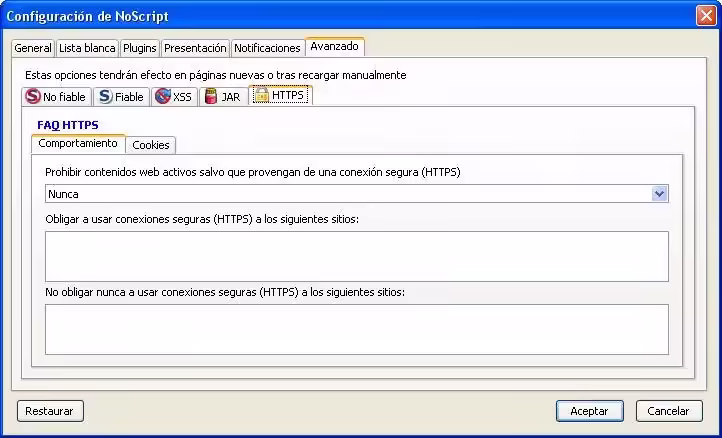 Configurar NoScript pestaña Avanzado