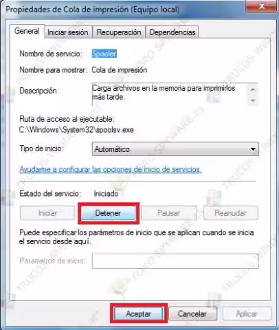 Propiedades de Cola de impresión Detener Propiedades de Cola de impresión Detener