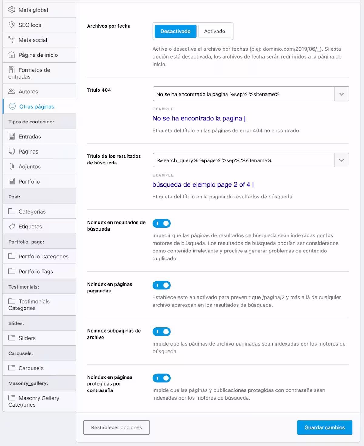 configuración de otras páginas en rank math