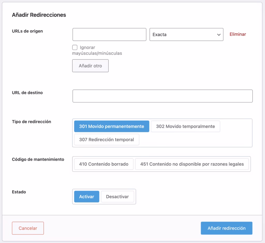 como añadir redirecciones con rank math