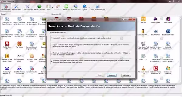 Modo de análisis en Revo Uninstaller Elegir el modo de análisis Seguro, Moderado o Avanzado en Revo Uninstaller