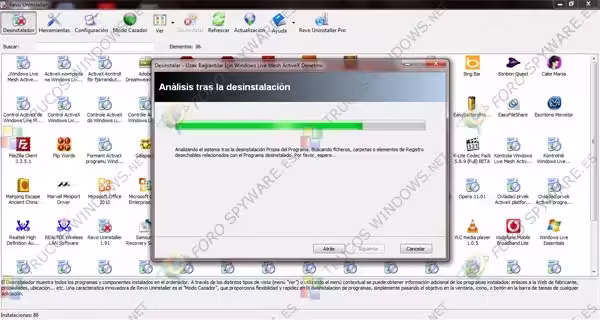 Análisis de restos en Revo Uninstaller Revo Uninstaller analizando los restos tras la desinstalación