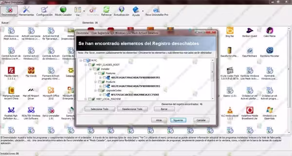 Restos en el registro Entradas del registro sobrantes encontradas por Revo Uninstaller