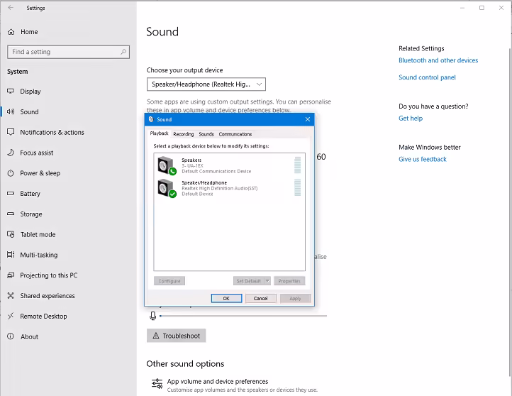 Audacity: acceso a los controles de sonido de Windows Ventana de configuración de sonido que muestra los dispositivos de reproducción disponibles - Cuadro de diálogo de administración de sonido de Windows