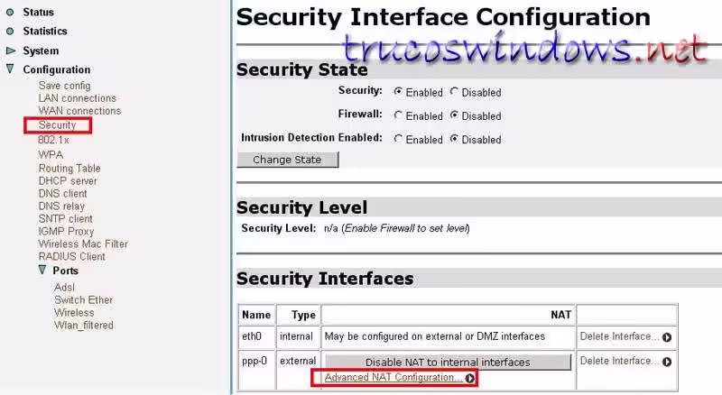 configuration / security / advanced NAT configuration-Xavi Wireless x7768r