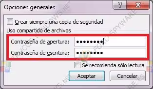 Contraseña de apertura y contraseña de escritura Contraseña de apertura y contraseña de escritura