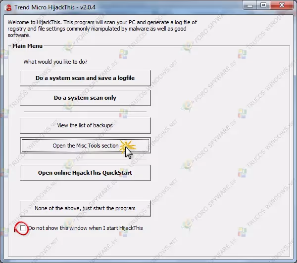 Manual completo de análisis e interpretación de logs de hijackthis y uso del programa Open the Misc Tools section