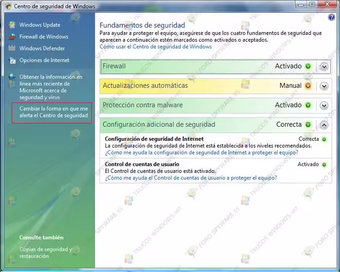 Figura 1. Centro de seguridad de Windows Vista