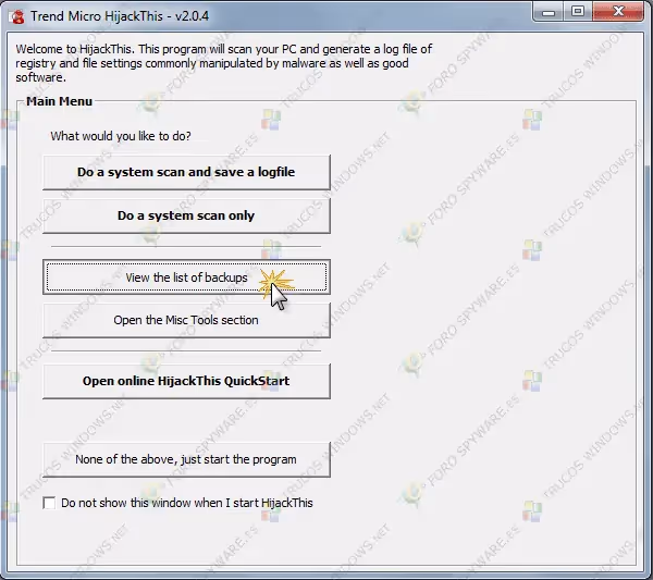 Manual completo de análisis e interpretación de logs de hijackthis y uso del programa View the list of backups