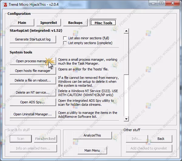 Manual completo de análisis e interpretación de logs de hijackthis y uso del programa Open Process Manager