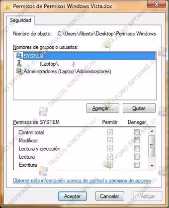 Ventana de permisos en Windows Vista ventana permisos Windows Vista