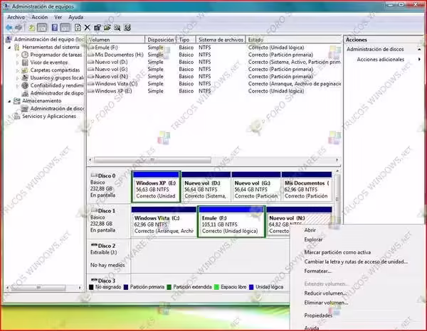 Como administrar las particiones en Windows vista desde administración de discos