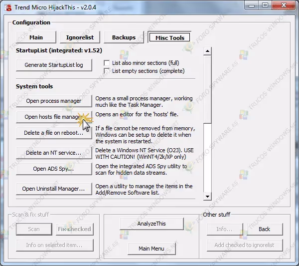Manual completo de análisis e interpretación de logs de hijackthis y uso del programa Hosts File Manager