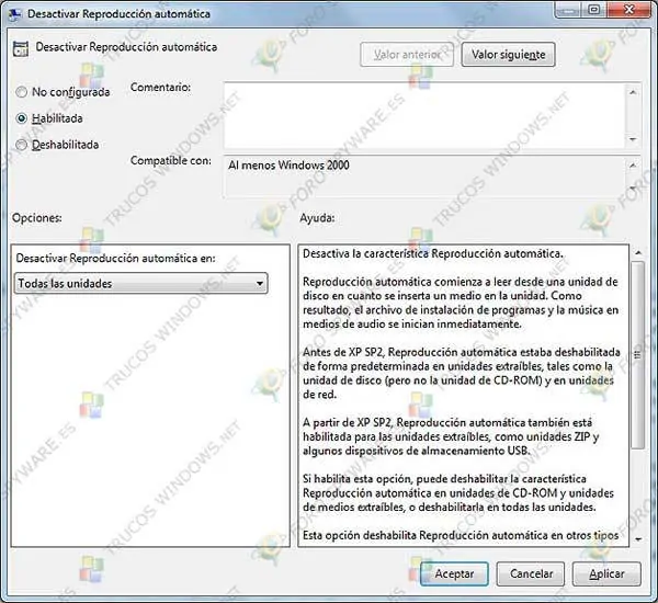 Desactivar reproducción automática USB en Windows 7
