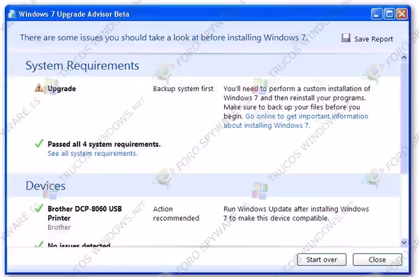 Windows 7 Upgrade Advisor Resultados analisis