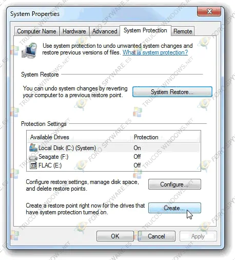 Crear un punto de restauración de sistema en Windows 7