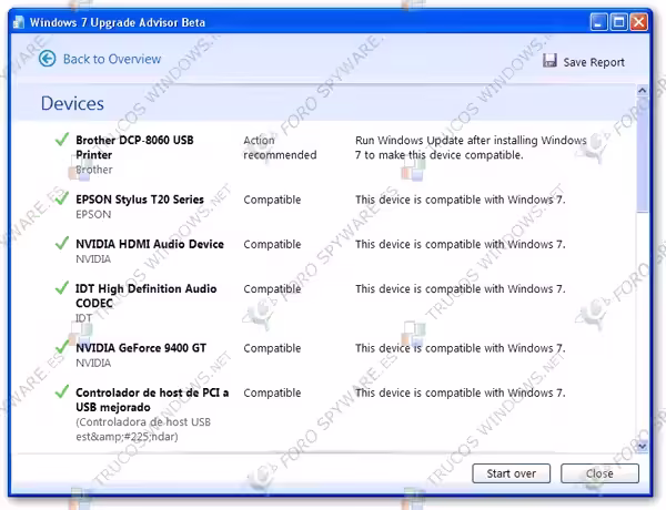 Windows 7 Upgrade Advisor dispositivos hardware
