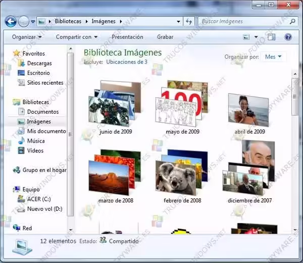 Bibliotecas en Windows 7 Clasificación
