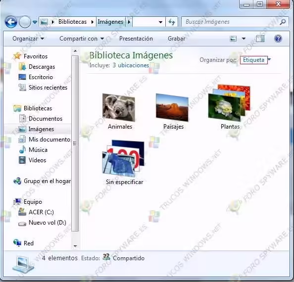 Bibliotecas en Windows 7 Etiqueta