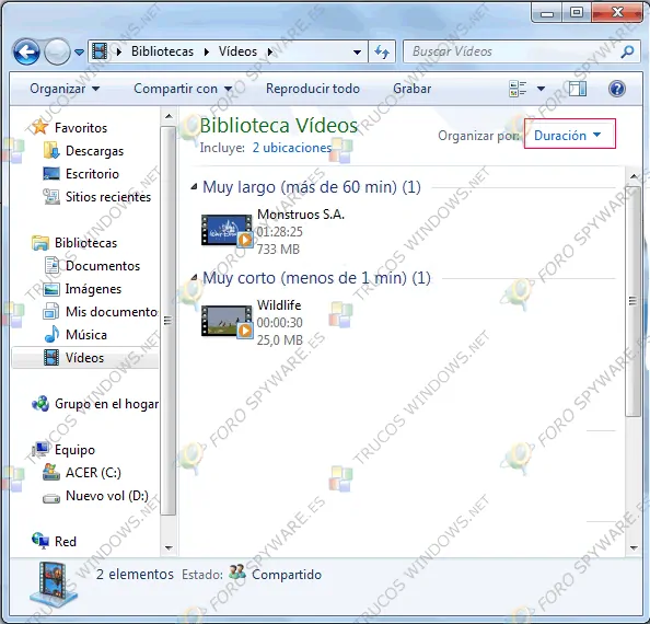 Bibliotecas en Windows 7 Videos