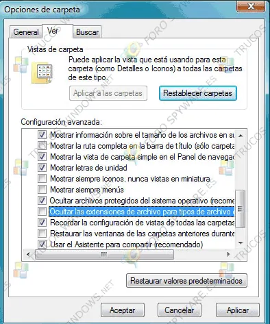 Opciones de carpeta Ver-Ver las extensiones de archivos en Windows 7