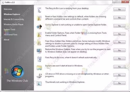 Captura del Panel FixWin con las opciones