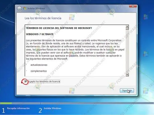 Aceptación términos licencia Windows 7