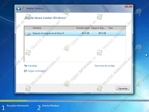 Particionamiento disco instalación de Windows 7