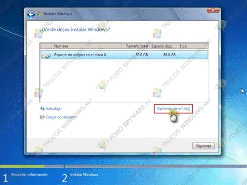 Opciones de unidad de instalación de Windows 7
