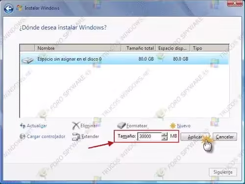 Tamaño nueva partición instalación de Windows 7