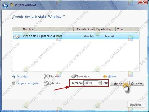 Tamaño nueva partición instalación de Windows 7