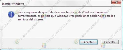 Aceptación espacio nueva partición instalación de Windows 7