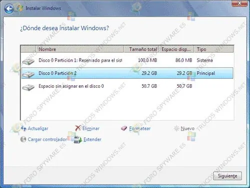 Escogiendo partición para instalación de Windows 7