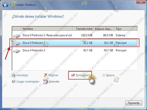 Formateando partición para instalación de Windows 7