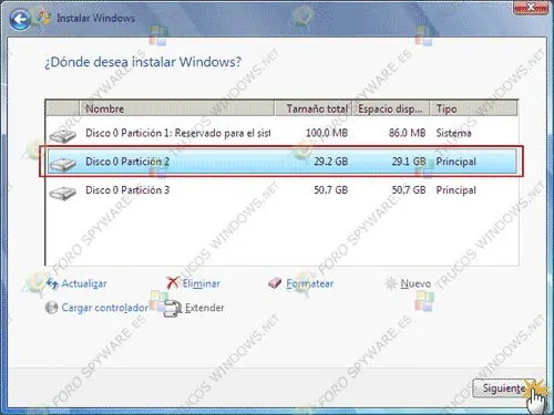 Escogiendo partición instalación de Windows 7