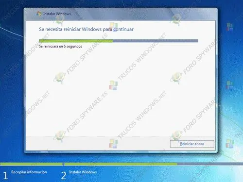 Reinicio durante proceso de instalación de Windows 7
