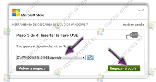 Microsoft Store Herramienta descarga USB paso 3 -Instalar Windows 7 desde USB