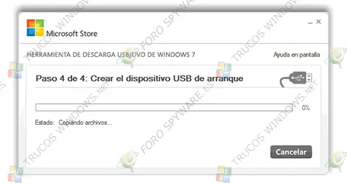 Microsoft Store Herramienta descarga USB paso 4 - Instalar Windows 7 desde USB