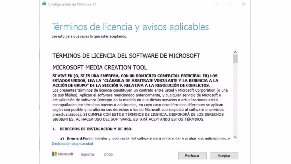 Términos licencia y avisos aplicables-Instalar Windows 11