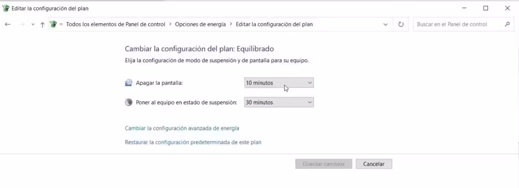 Cambiar la configuración avanzada de energía Cambiar la configuración avanzada de energía