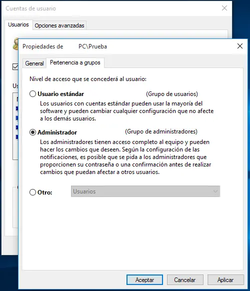 pestaña Pertenencia a grupos
