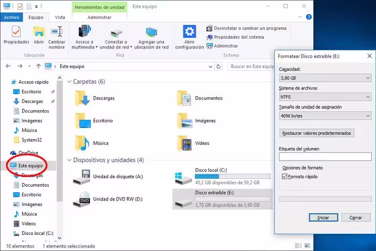 Formatea un disco o USB