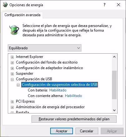 Configuración de suspensión selectiva de USB