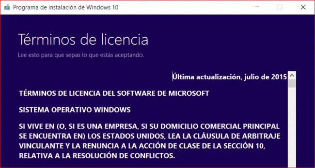Reinstalar Windows 10 - Términos de Licencia