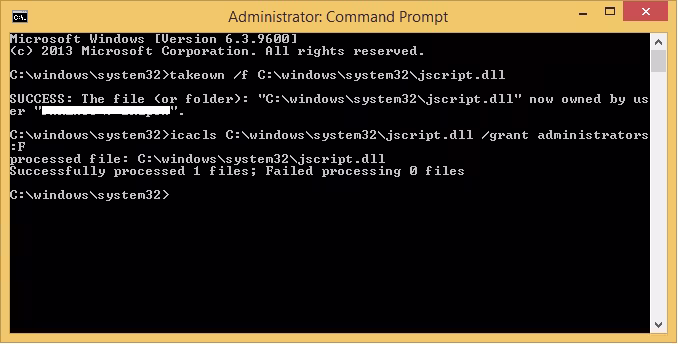 icacls C:windowssystem32jscript.dll /grant administrators:F - Reparar-archivos-de-sistema-Windows-10