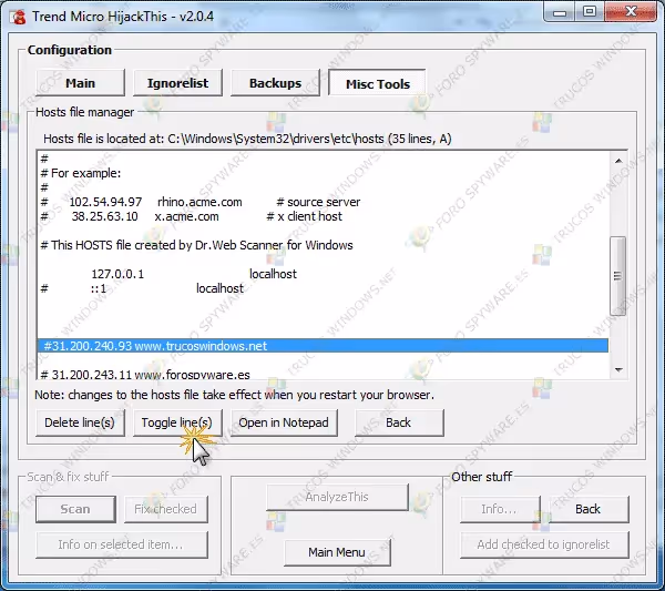 Manual completo de análisis e interpretación de logs de hijackthis y uso del programa Toogle Lines(s)