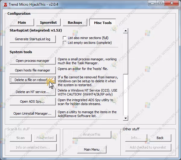 Manual completo de análisis e interpretación de logs de hijackthis y uso del programa Delete a file on reboot…